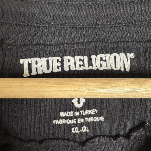 True Religion Sweater Mens 2XL Black White Contrast Stripe Crew Logo M18SF242K2G - Picture 5 of 12